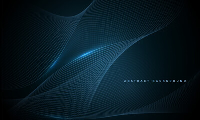 Glowing blue wavy lines on abstract technology dark blue background. Digital hi-tech vector illustration with striped wave lines
