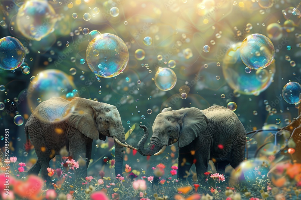 Poster two elephants engage joyfully in a colorful realm, surrounded by floating bubbles and blooming flowe