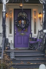 A purple door with a skull wreath on it