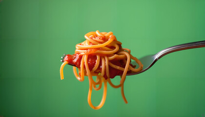 close up spaghetti on a fork with tomata sauce , green background