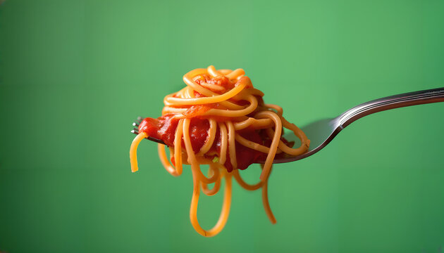 close up spaghetti on a fork with tomata sauce , green background
