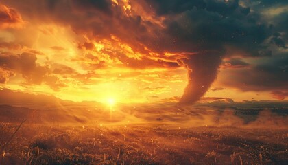 Fototapeta premium Massive Twister Engulfs Lush Plains Under Golden Sunset Sky Striking Nature Scene