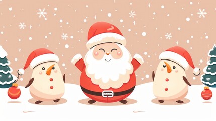 Kawaii Christmas decorations, cute Santa, happy holidays, festive cheer, flat design illustration