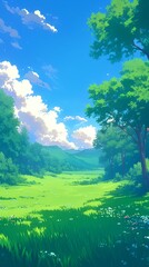 Obraz premium Enchanting Anime-Style Forest Landscape: Creative Abstract Illustration for UI Design and Marketing. Serene Rural Nature Scene with Lush Trees and Vibrant Colors. Perfect for Web Posters, 4K Wallpaper