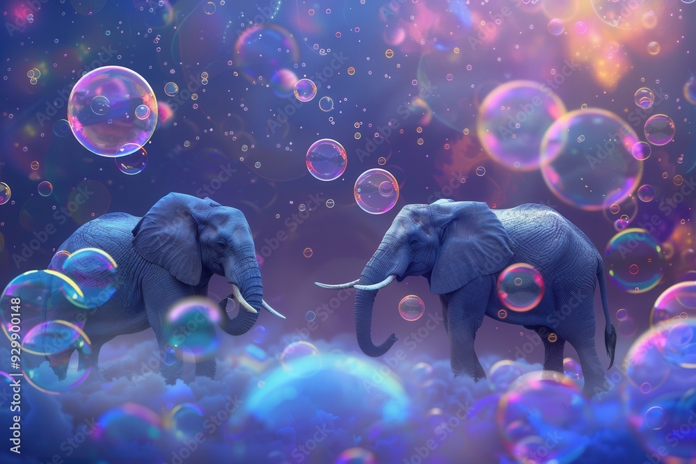 Poster elephants interact joyfully among vibrant bubbles, set against a magical and colorful backdrop that 