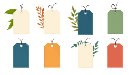 Set of colorful blank tags with decorative leaves, perfect for crafting, labeling, or organizing items in a stylish way.