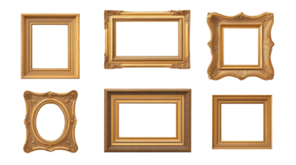 A collection of elegant golden picture frames in various styles, perfect for showcasing artwork or photographs.