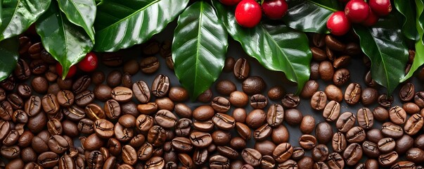 Obraz premium Roasted Coffee Beans with Green Leaves and Red Coffee Berries
