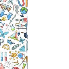 chemistry poster. decorative background with science professional tools chemical tubes formulas