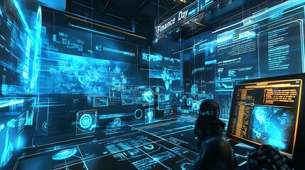 Obraz premium Futuristic Hacker's Den with Finance Day Display