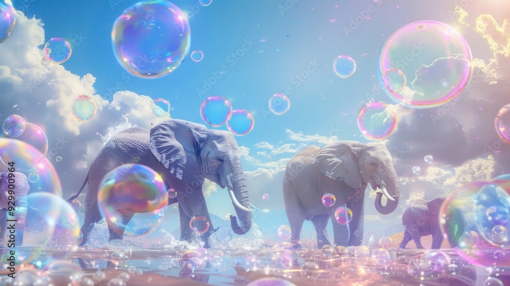 Poster Elephants wander playfully through a whimsical setting, surrounded by shimmering bubbles and a fantastical backdrop of clouds and light. Generative AI
