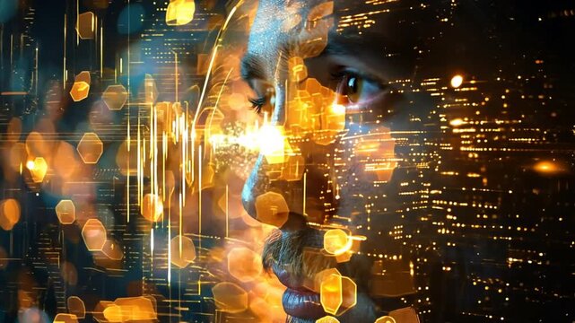 Cybernetic Gaze: A mesmerizing digital art portrait of a woman's eye, surrounded by a swirling vortex of data and circuitry, representing the intersection of humanity and technology. A perfect image f