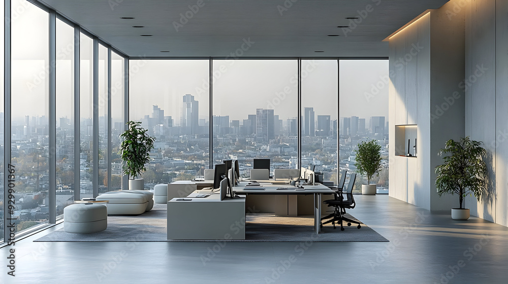 Wall mural Modern office interior with city view and minimalist design.