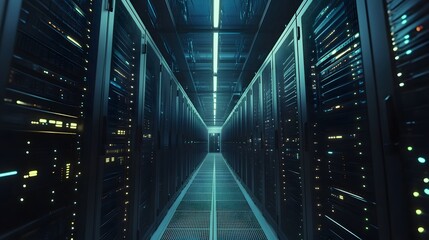 Overworking in data centers, densely packed servers, cables meticulously arranged, low ambient light, modern industrial style, sleek and sterile, quiet hum of machines, high-efficiency environment