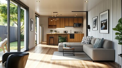 Modern living room with open kitchen, large windows, and stylish furniture.