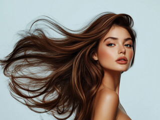 Fototapeta premium A portrait of a woman with voluminous, flowing hair in a studio setting, showcasing her elegant features and the dynamic movement of her hair.