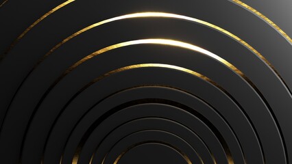 Abstract black geometric background with golden lines - 3d render. Modern minimal black backdrop for digital banners, postcards, presentations. Diagonal lines and circles with copy space.