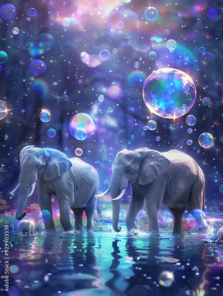 Poster Two elephants wander through a shimmering landscape filled with vibrant floating bubbles, creating a truly enchanting atmosphere in a mystical forest. Generative AI