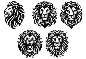 Obraz premium Black and white lion head illustrations against white background for tattoos and branding