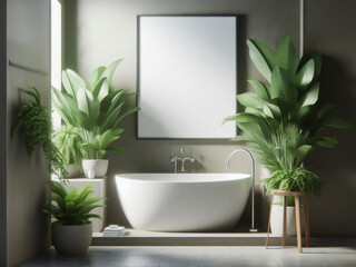Fototapeta premium A modern bathroom with a freestanding bathtub, surrounded by lush green plants