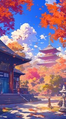 Obraz premium Enchanting Autumn Landscape: Anime-Style Illustration of Ancient Japanese and Chinese Temples Amidst Fall Foliage. Creative Abstract Design for UI, Web Marketing, and 4K Wallpapers Showcasing Cultural