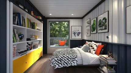 Obraz premium Modern bedroom interior with a large window, a bookshelf, a bed with black and white bedding, and a yellow dresser.