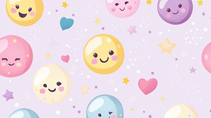 Fototapeta premium A playful pattern featuring colorful, smiling bubbles and whimsical stars on a pastel background.