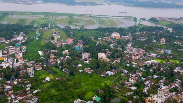 Aerial city Barisal in Bangladesh and Kirtankhola River, new urban project