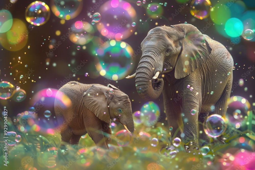 Aufkleber elephants explore their whimsical surroundings, surrounded by colorful bubbles floating in a fantast