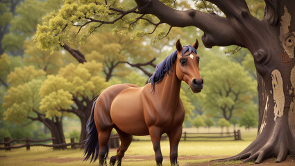 Obraz premium This is a picture of a white and black and brown horse standing in a field with trees.