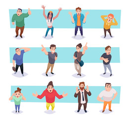 Top view people. Characters top pointing with hands gestures exact vector standing characters in cartoon style