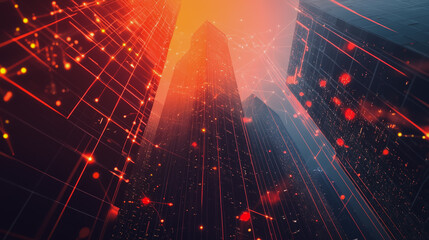 Obraz premium abstract professional business team people connection of line from nail node to node on cityscap and skyline background , innovation networking concept