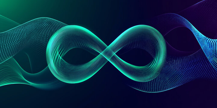 Abstract infinity loop with flowing green and blue lines against a dark background, symbolizing eternity and technology. The image is modern and futuristic.