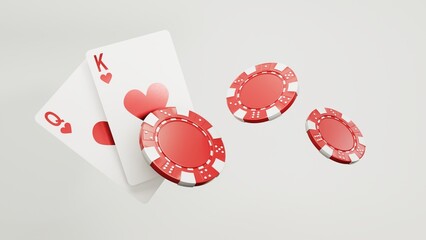 Casino chips, cubes, roulette, drum  on light wite background - 3d render. Flying chip for online casinos and mobile gambling applications, poker - winner, wealth concept.