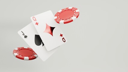 Casino chips, cubes, roulette, drum  on light wite background - 3d render. Flying chip for online casinos and mobile gambling applications, poker - winner, wealth concept.