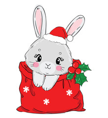 Cute Bunny New Years christmas background. Kids print vector illustration