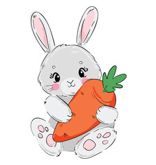 Cute rabbit and carrot. Childish vector illustration. Bunny Print design 