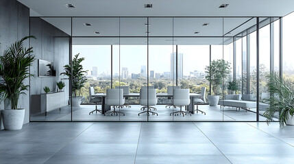 Modern office space with glass walls and city view.