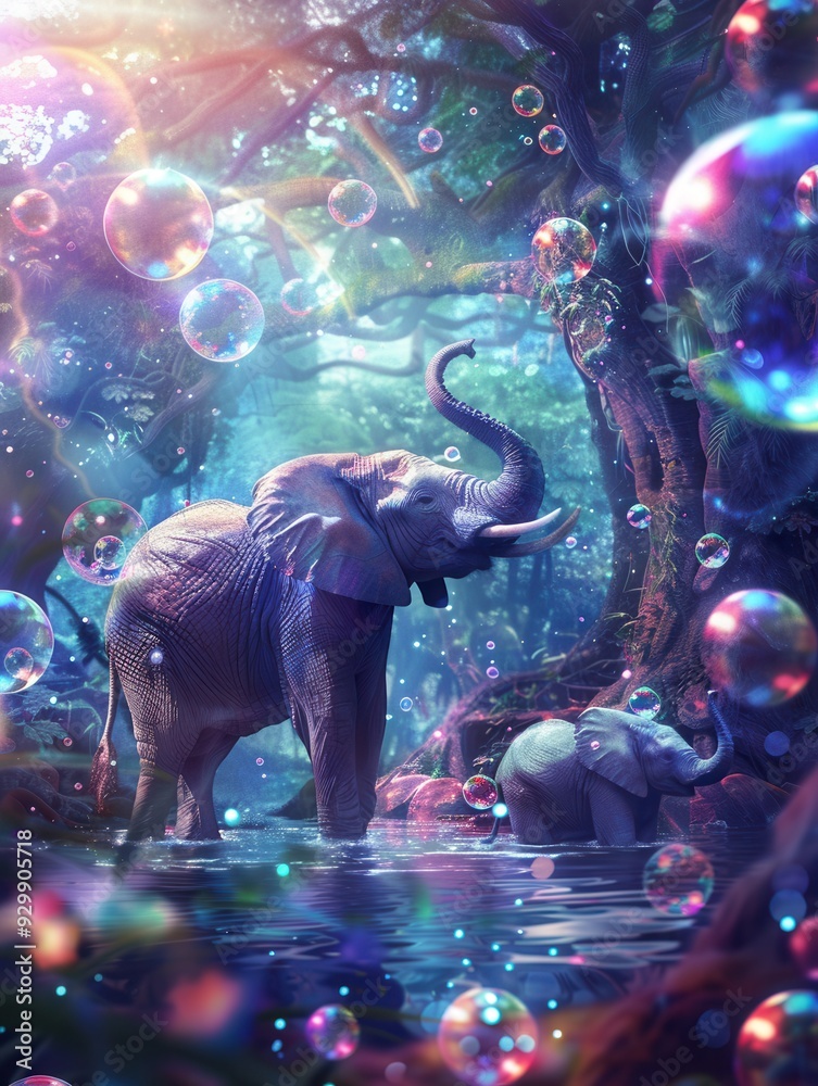 Poster an enchanting scene unfolds as elephants wade through water, surrounded by colorful bubbles in a vib