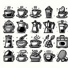 Obraz premium Coffee and tea cup logo Silhouette line art vector illustration on a white background. Coffee and tea set