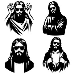 Jesus silhouette design Dress in a style appropriate for the present era, wearing dark glasses.