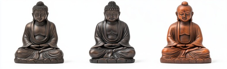 A set of ancient Buddha statues isolated on a transparent background