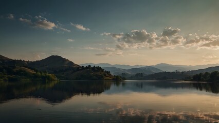 Obraz premium A serene and peaceful landscape, with rolling hills and a tranquil lake reflecting the beauty of the sky above, dark moody theme