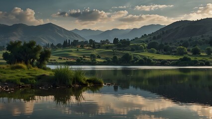 Fototapeta premium A serene and peaceful landscape, with rolling hills and a tranquil lake reflecting the beauty of the sky above, dark moody theme