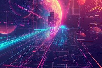 Naklejka premium Retro design elements with futuristic visions, depicting a stylized journey through time and space. Generative AI