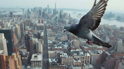 A pigeon flying above a modern and advanced city.