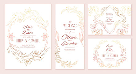 Wedding cards. Vintage invitation cards with decorative botanical frames floral design recent vector flowers branches and leaves