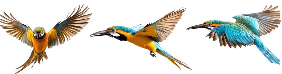 Obraz premium Colorful tropical birds flying on a transparent background with colorful feathers