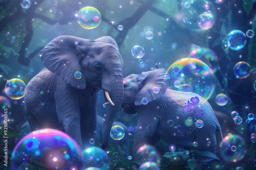 Poster two elephants embrace happily while floating bubbles surround them in a vibrant, enchanting environm
