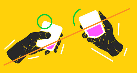 Two hands holding glass with cocktail or alcohol. Abstract concept art in colorful style for holiday, festival or celebration. Modern minimal vector illustration.